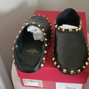 Valentino Black and Gold Studded Slippers